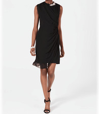 $129 MSK Draped Solid Black Rhinestone Trim Women's Cocktail Party Dress Size 6