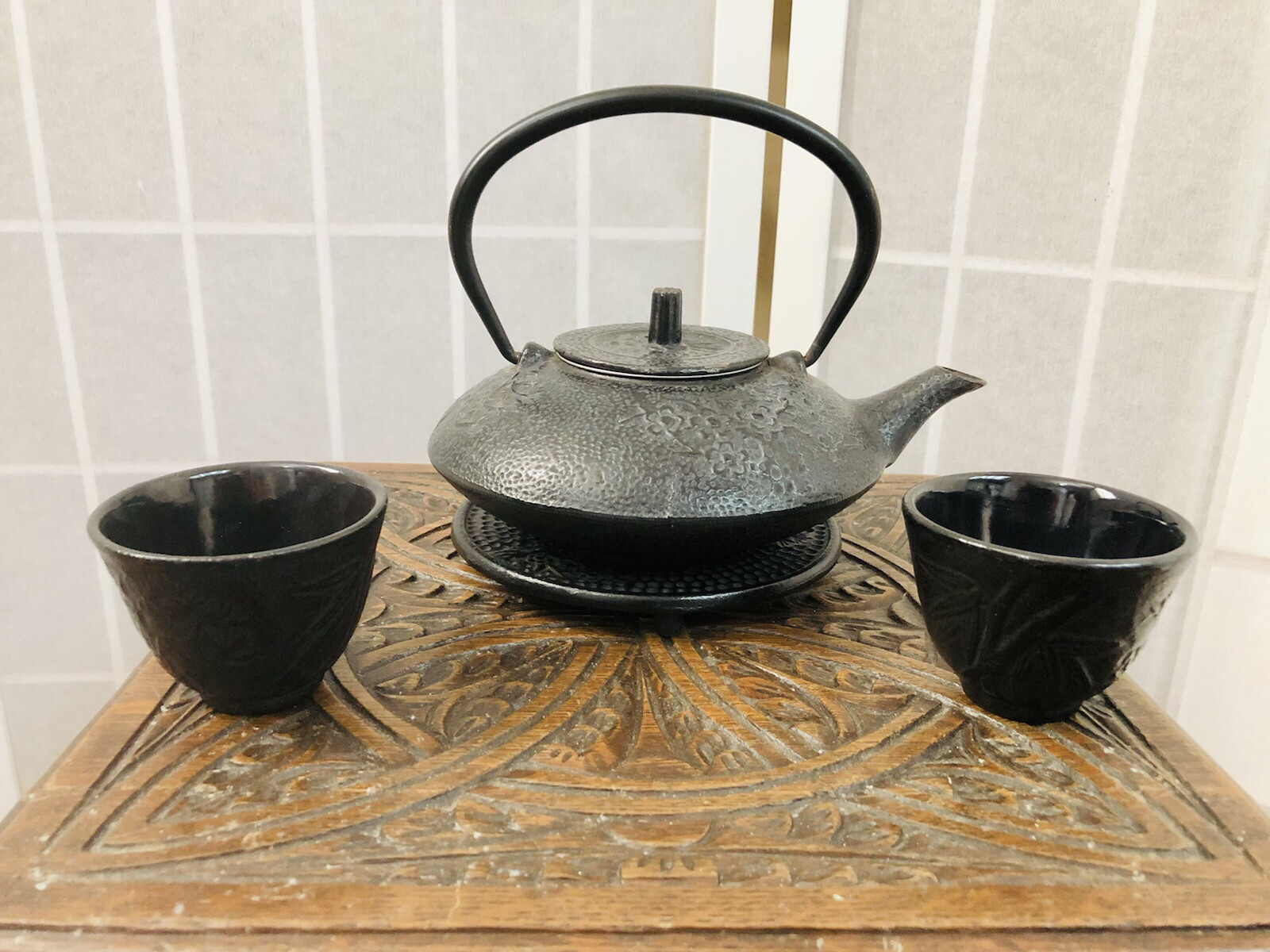 Cast Iron Japanese TETSUBIN Tea Kettle Bamboo Pot Stand Black Ranking