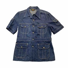 Lee Sz L Blue Denim Work Shirt Snap Button Vintage 1970's Safari Cargo Engineer