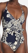 349 Vince Camuto Womens Blue White Stretch Floral Wrap-Tie One-Piece Swimsuit 4