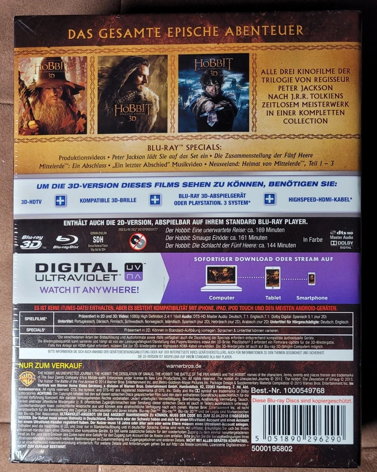 Hobbit Trilogie 3D Blu Ray + Blu Ray, Box, OVP, NEU - Bild 2 von 2