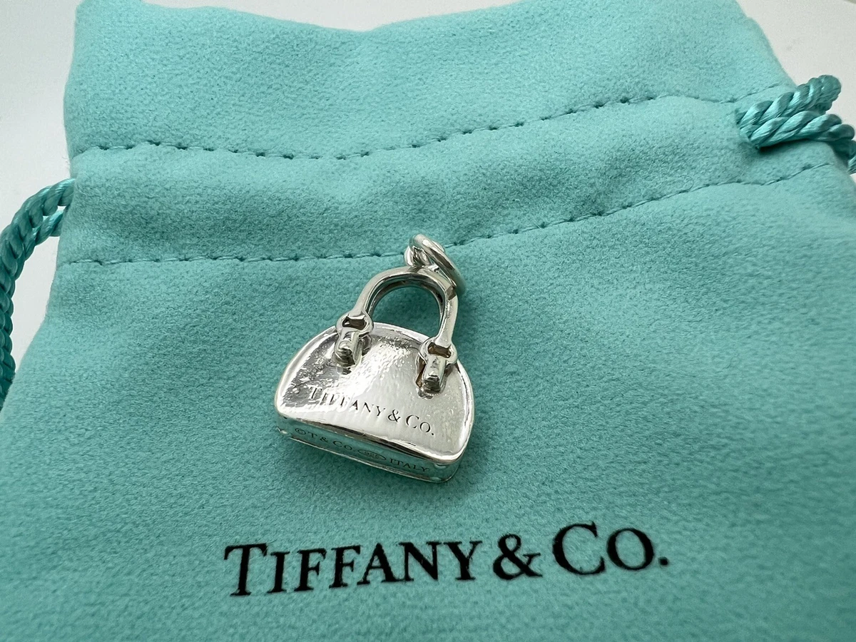 Tiffany Co Sterling Silver Handbag Purse Blue Enamel Heart Italy Charm  Pendant