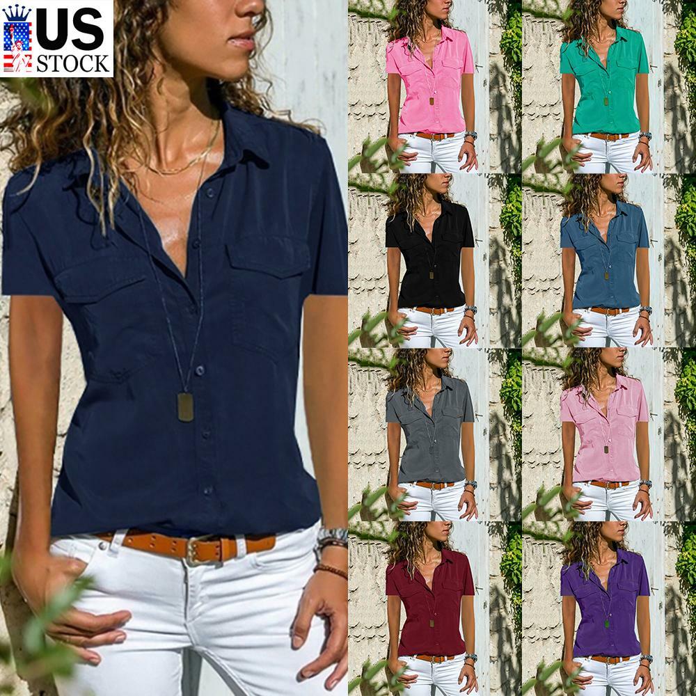 Womens Short Sleeve Button Down Shirt Summer Business Casual Office Blouse  Solid | eBay