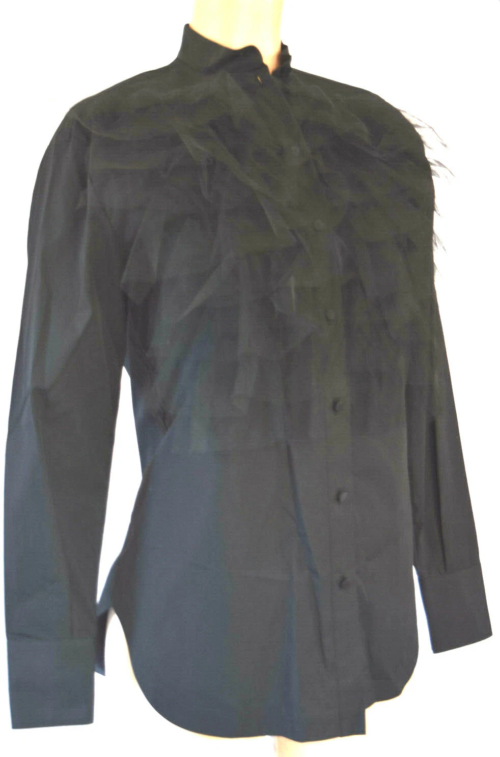 CAMICIA MANICHE LUNGHE VALENTINO GIOIELLO COLLO ABBOTTONATO IN TULLE PETTO ARRICCIATA 38