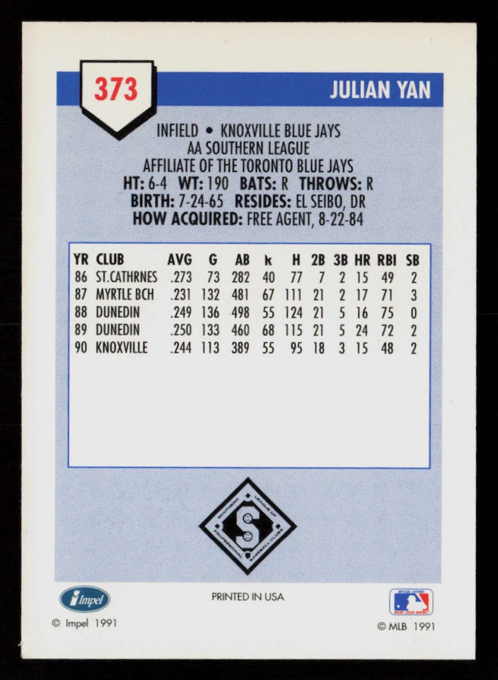 Julian Yan 1991 Line Drive AA #373 Knoxville Blue Jays Baseball Card - Image 2 of 2