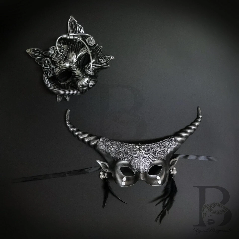 Couple's Masquerade Masks | Silver Masquerade Masks Ethereal Ram Mask - Image 2 of 4