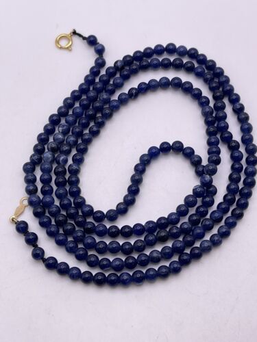 4mm Lapis Lazuli Beaded Necklace w/ 14K Gold Clas… - image 1