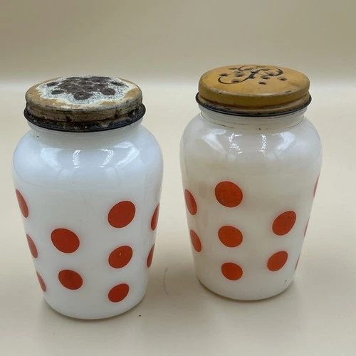 Anchor Hocking Fire King Milk Glass Red Dot Salt & Pepper Shakers VTG