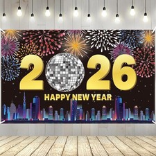 YQUQWN Large Happy New Year 2026 Banner, 72 44 Inch Disco Ball Years...