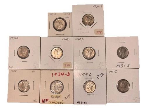 LOT High Grade Mercury Dime Lot (10) - 1931-S Key Date - 1934-D DDO Better Dates