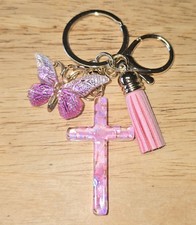 Resin Sparkle Pink Cross With Butterfly And Tassel Purse Charm Keychain