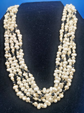Vintage 5  Strand Freshwater Pearl Choker Necklace with Blue  Gold  Tone Beads