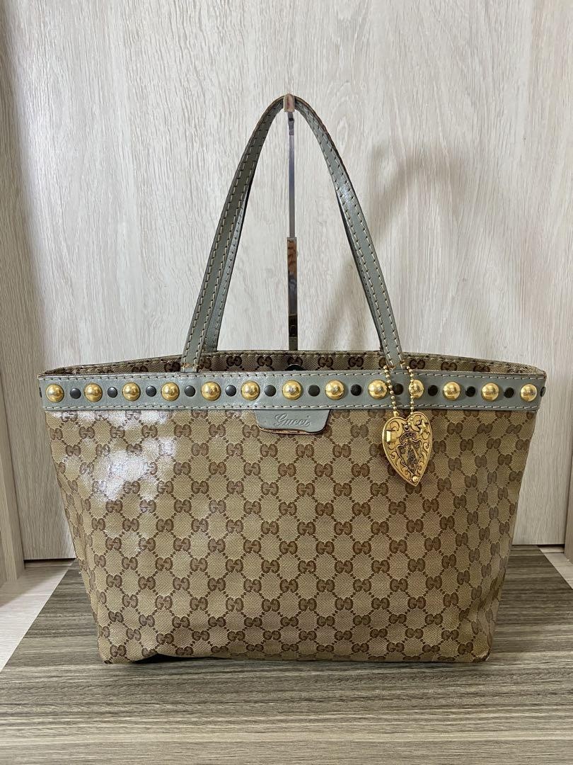 Gucci GG Crystal Charm Studs Tote Bag in Beige Light Blue with Gold Hardware Authentic