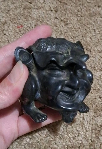 ANTIQUE DEVIL IMP GARGOYLE Metal Ink Well Inkwell with ORIGINAL GLASS LINER 