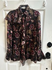 Salvatore Ferragamo Brown Floral Print Ruffled Silk Blouse Sz IT 42 US 6