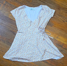 Hollister Women's Wrap Dress S White/Yellow Floral V-Neck Short Sleeve Tie