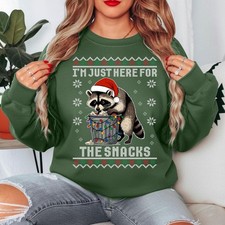 Funny Raccoon Christmas Sweatshirt  "Here For The Snacks" Ugly Holiday Jumper