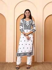 Women White Cotton Embroidered Kurti Black Thread Work Indian Ethnic Wear