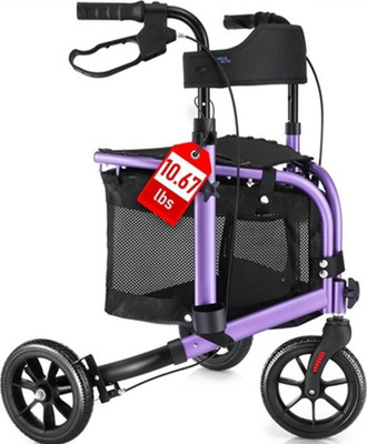WALK MATE 3-Wheel Foldable Aluminum Rollator Walker with Seat, Purple