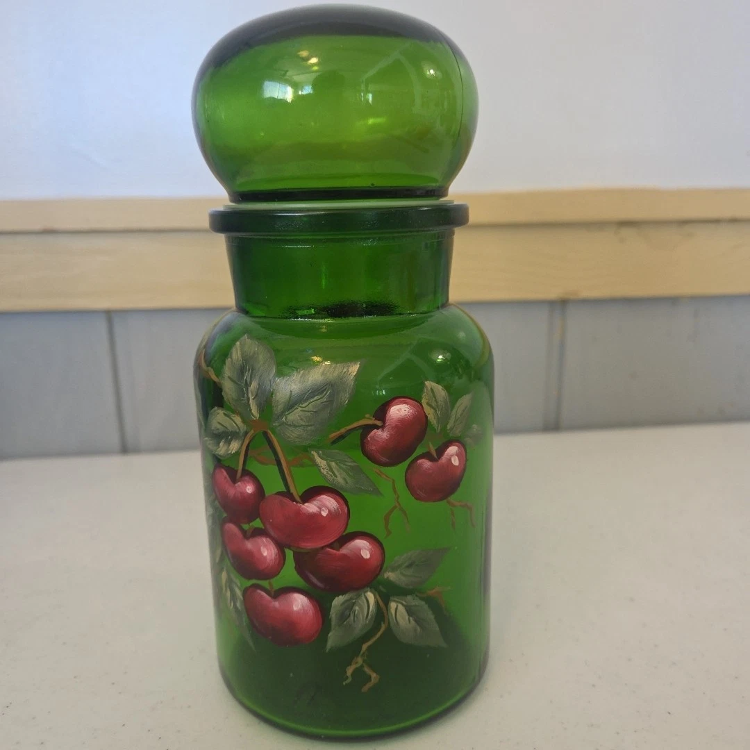 Belgium Emerald Green Glass Bubble Top Apothecary Jar 9" Tall Handpainted Cherry