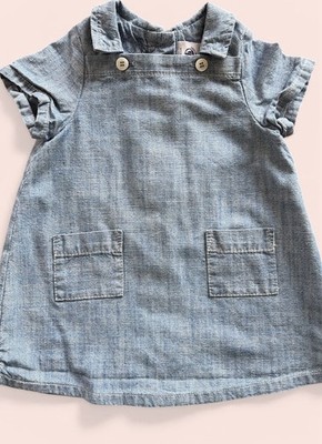 Petit Bateau EUC Blue Denim Woven Cotton Short Sleeve Collared Dress-6 Mos