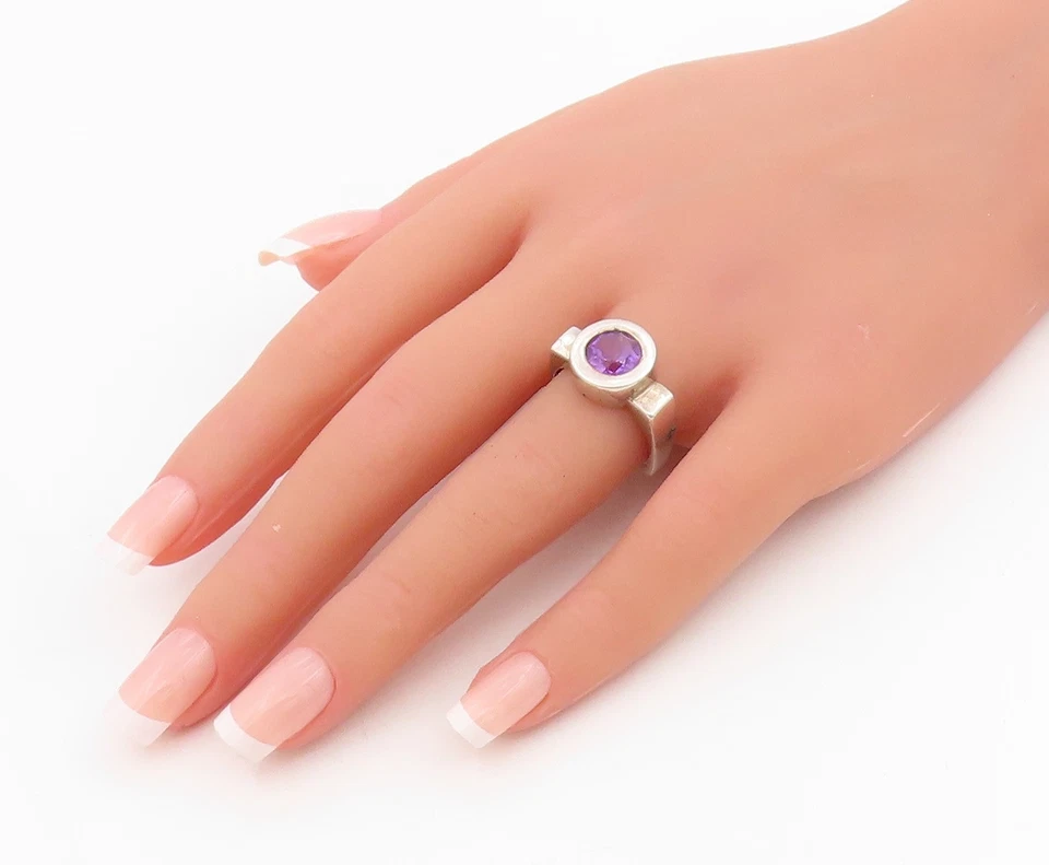 Conjunto de moldura de anel vintage prata esterlina 925 pulseira solitário ametista tamanho 8 RG34191 - Imagem 3 de 4