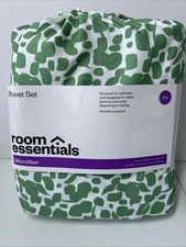 Room Essential Printed Microfiber Sheet Set Green/White Print(Size Full)