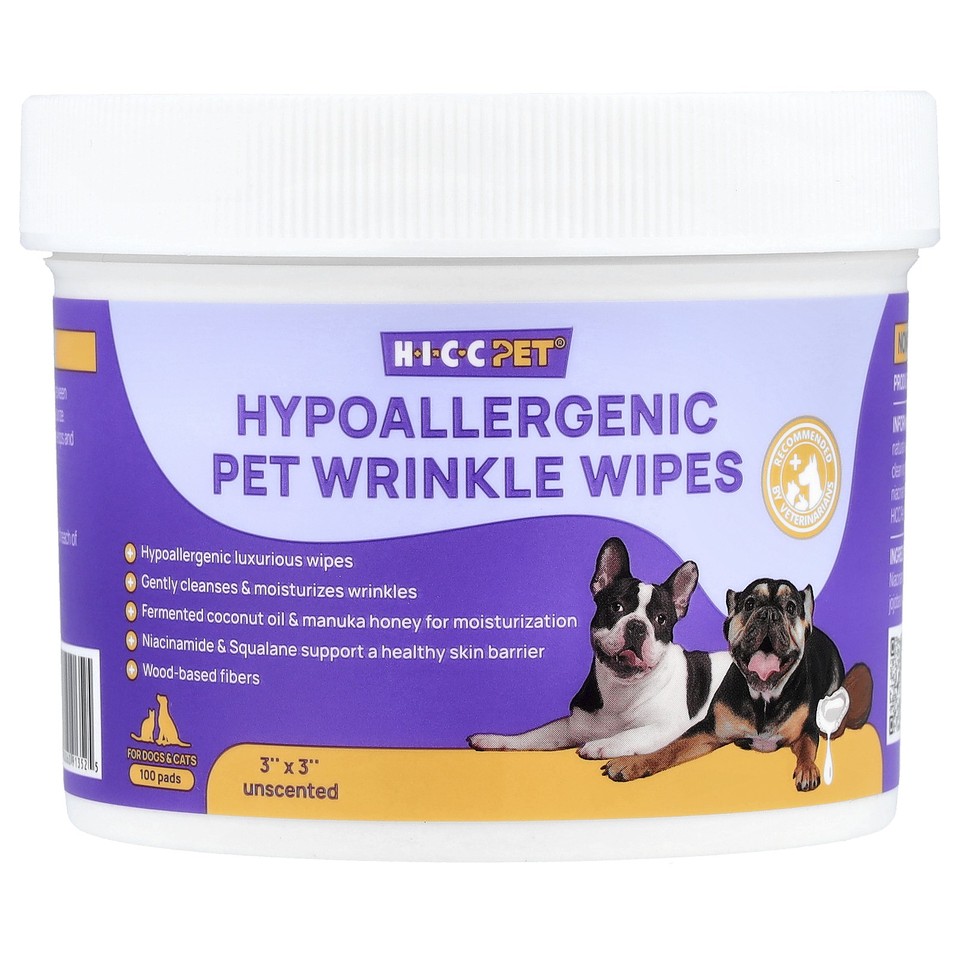 Hypoallergenic Pet Wrinkle Wipes, For Dogs & Cats, Unscented, 100 Pads