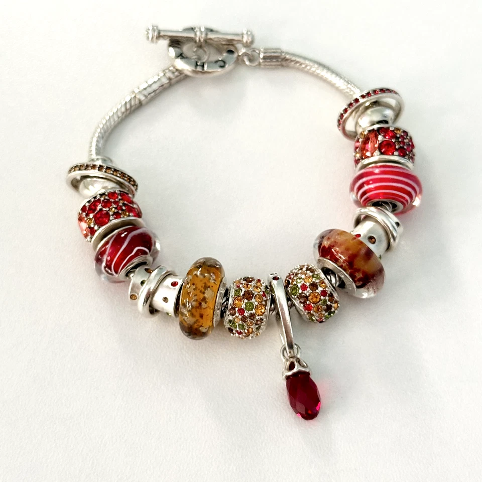 Браслет с брелоками из чистого серебра с красными оранжевыми кристаллами муранскими бусинами Chamilia - Изображение 2 из 4