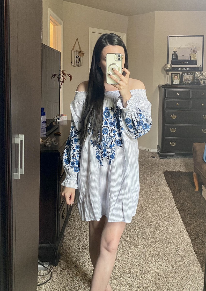 Zara Blue Striped Embroidered Off Shoulder Mini Dress S | eBay Zara Blue Striped Embroidered Off Shoulder Mini Dress S | eBay