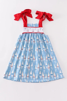 Abby & Evie Girl's Boutique Cotton Blue Sailboat Embroidered Summer Dress Matchi