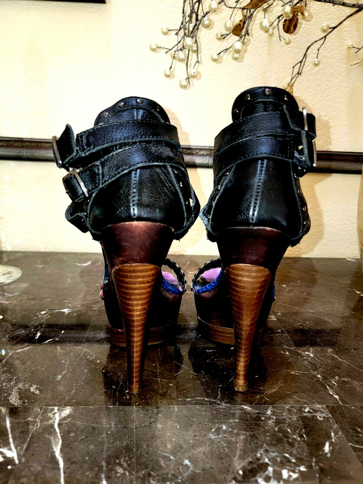 BEBE Purple, Gold & Black Python Platform Sandals… - image 4