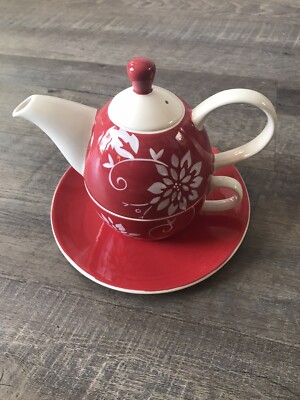 Hues N  Brew 4pc Tea Or Coffee Pot For One Plate Cup  & Pot/Lid Stack Red/White