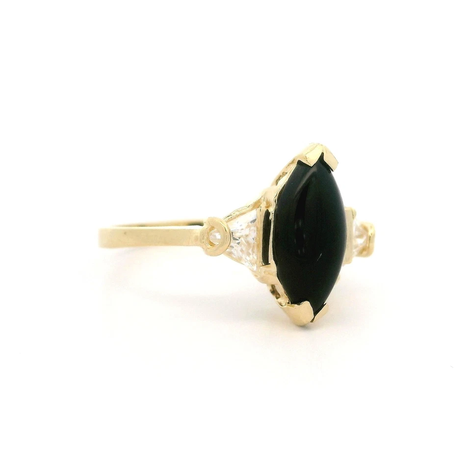 Anillo de 3 piedras de oro amarillo de 14k marquesa de ónix negro y billón de circonitas cúbicas Foto 4 de 4