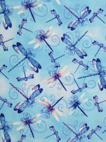 Dragonflies Insects Fly Blue Fabric Dragonfly Lagoon Cotton by Henry Glass Yard - Picture 1 of 2