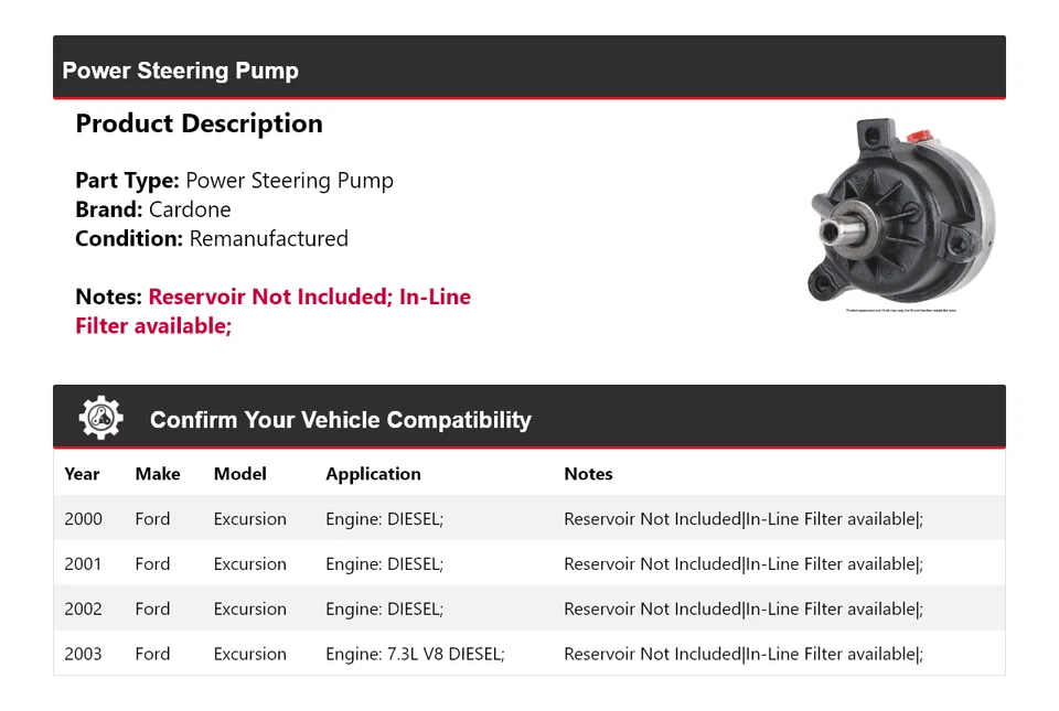 Bomba de dirección asistida Cardone 2001 2002 para Ford Excursion 2000-2003 Foto 2 de 4