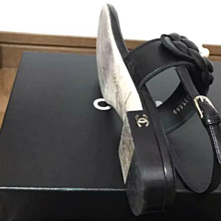 CHANEL Camellia Pearl Sandals Black EUR36 Leather Flats