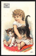 James Pyle's Pearline Washing Compound Victorian Trade Card Girl Holding Cat