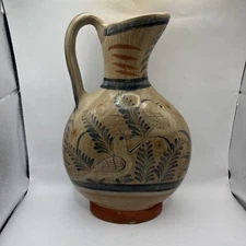 Vintage Tonala Mexican Pitcher Vase 12” Folk Art Pottery Flowers Bird Mexico