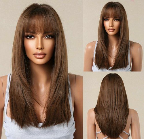 Wig - Human Hair Blend - Long Straight Layered Dark Brown Bangs Heat Resistant - Picture 2 of 4