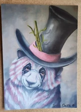 PRINT~Steampunk~~striped~~Panda Bear~~Whimsical~ART~5" x 7"~Tophat~~Surreal~pink