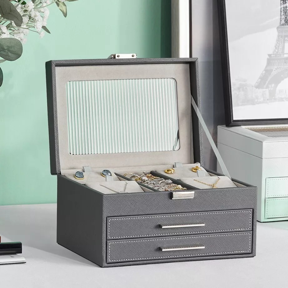 3 Layers Large Drawer Jewellery Organiser Gift Box Cabinet Leather Case Grey