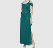 Alex Evenings Women's Green Long Cold-Shoulder Glitter Mesh Gown Dress Size: 12