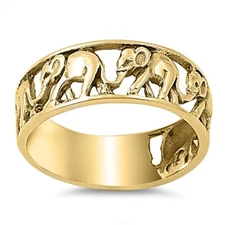 .925 Sterling Silver Band Yellow Gold Plated Elephant Herd Ring 7mm Sizes 5-10