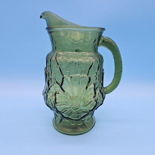 Vintage Anchor Hocking Green Flowering Daisy Pitcher And 4 Glasses - Picture 5 of 10