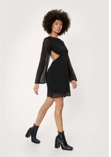 Nasty Gal Angel Sleeve Cut Out Tie Back Mini Dress In Black UK 12 RRP £49 BNWT