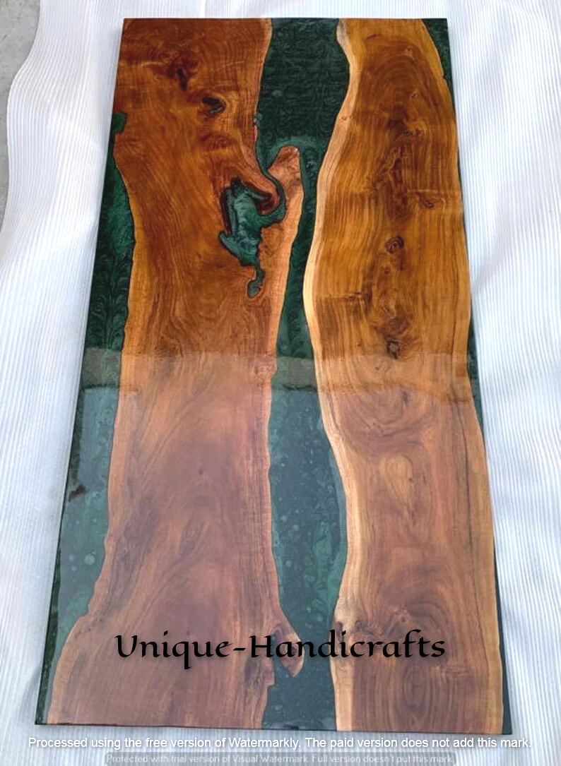 Green Epoxy Dining Table Top, Epoxy Live Edge Wooden Table, Home Furniture Decor