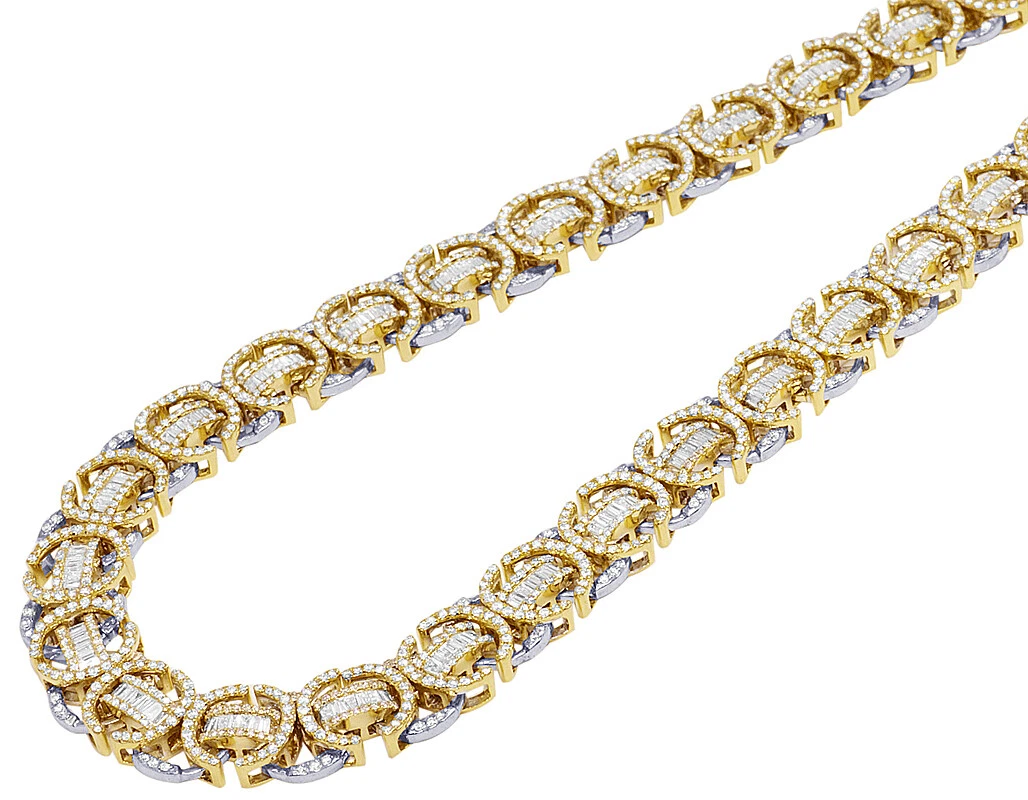 10K Two Tone Gold Baguette Real Diamond Byzantine Chain 18 3 4CT 12MM 20