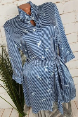NEU ITALY SATINIERTE LONG BLUSE TUNIKA GÜRTEL GESTREIFT VÖGEL BLAU M 36 38 - Bild 1 von 4