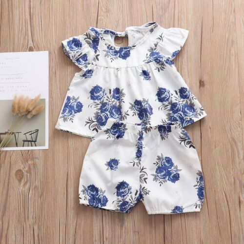 Summer Baby Girls Floral Fly Sleeve Top Shorts Kids Casual Cotton Outfits Set